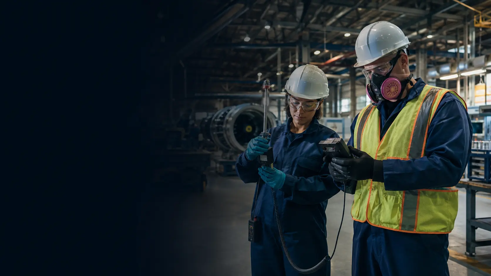 Industrial hygiene professionals conducting exposure monitoring in a manufacturing facility
